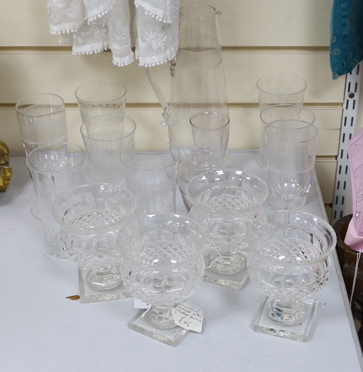 A set of four Victorian glass pedestal bowls and etched glassware, Jug 28 cms high (14)
